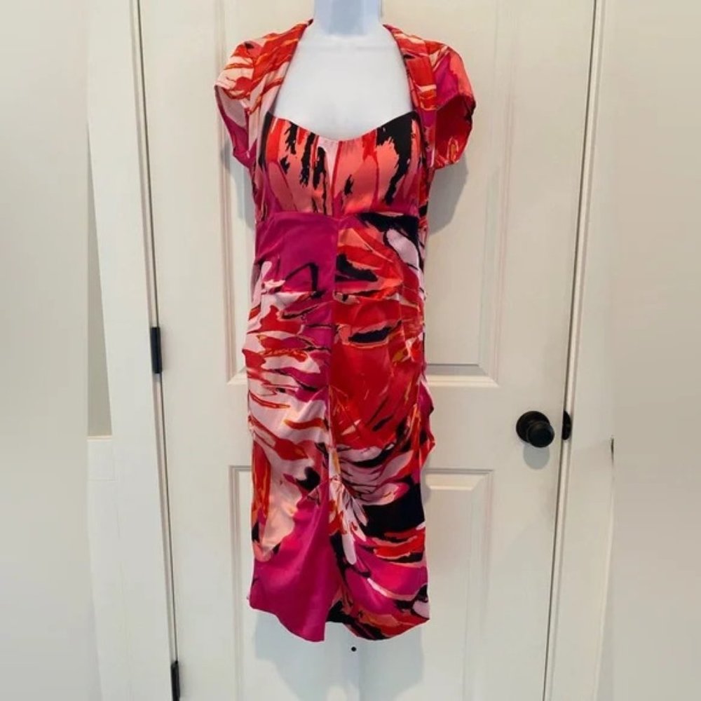 New Cache 90's Keyhole Back Drapped Silk/Stretch Vibrant Dress Capped Sz 14